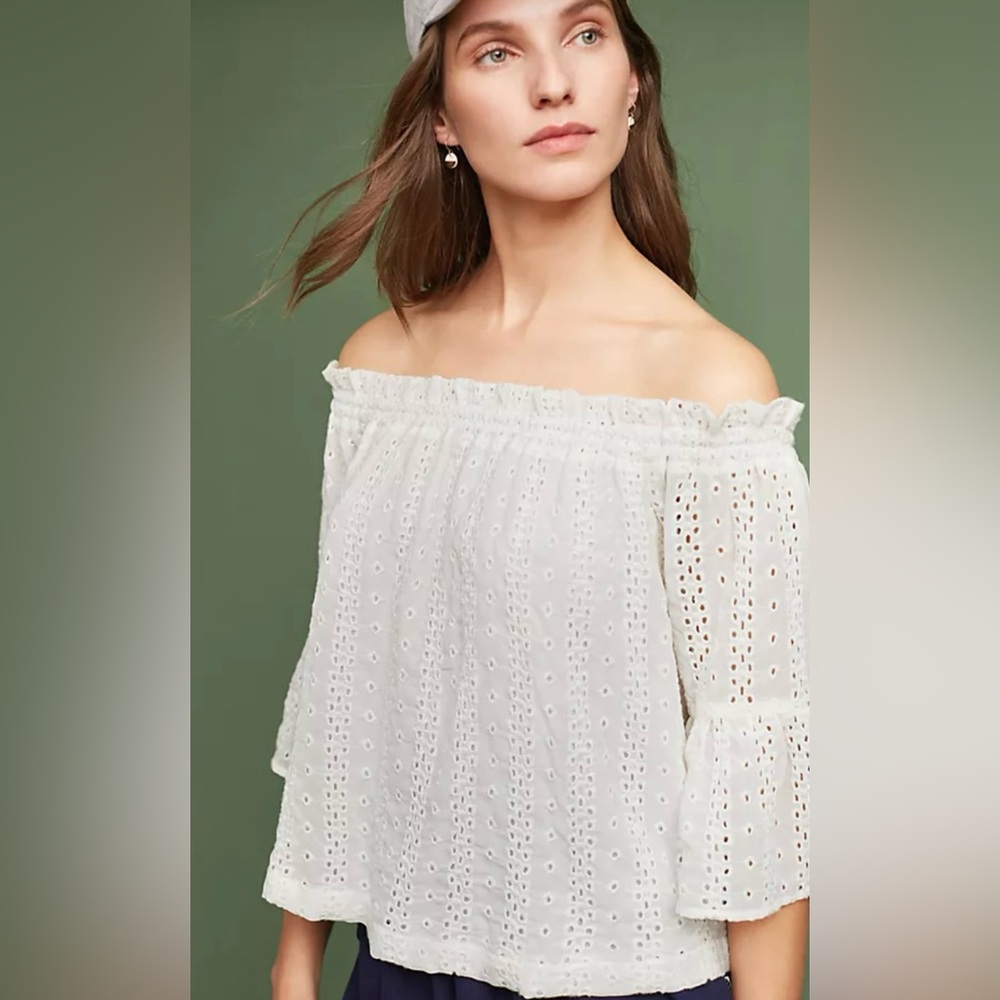Anthropologie on or off shoulder eyelet white top